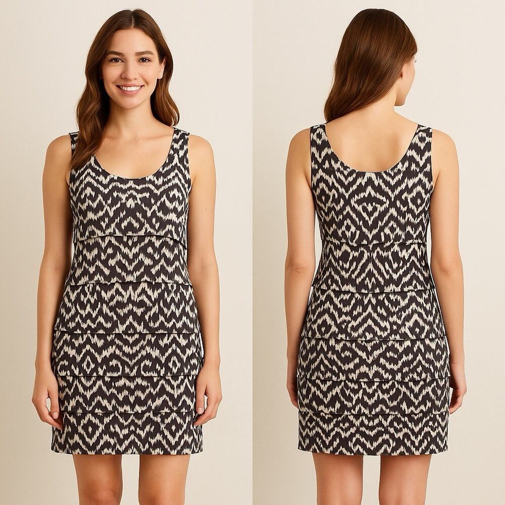 Layered Ruffle Ikat Sheath Preppy Dress Women’s Large Stretch Lined